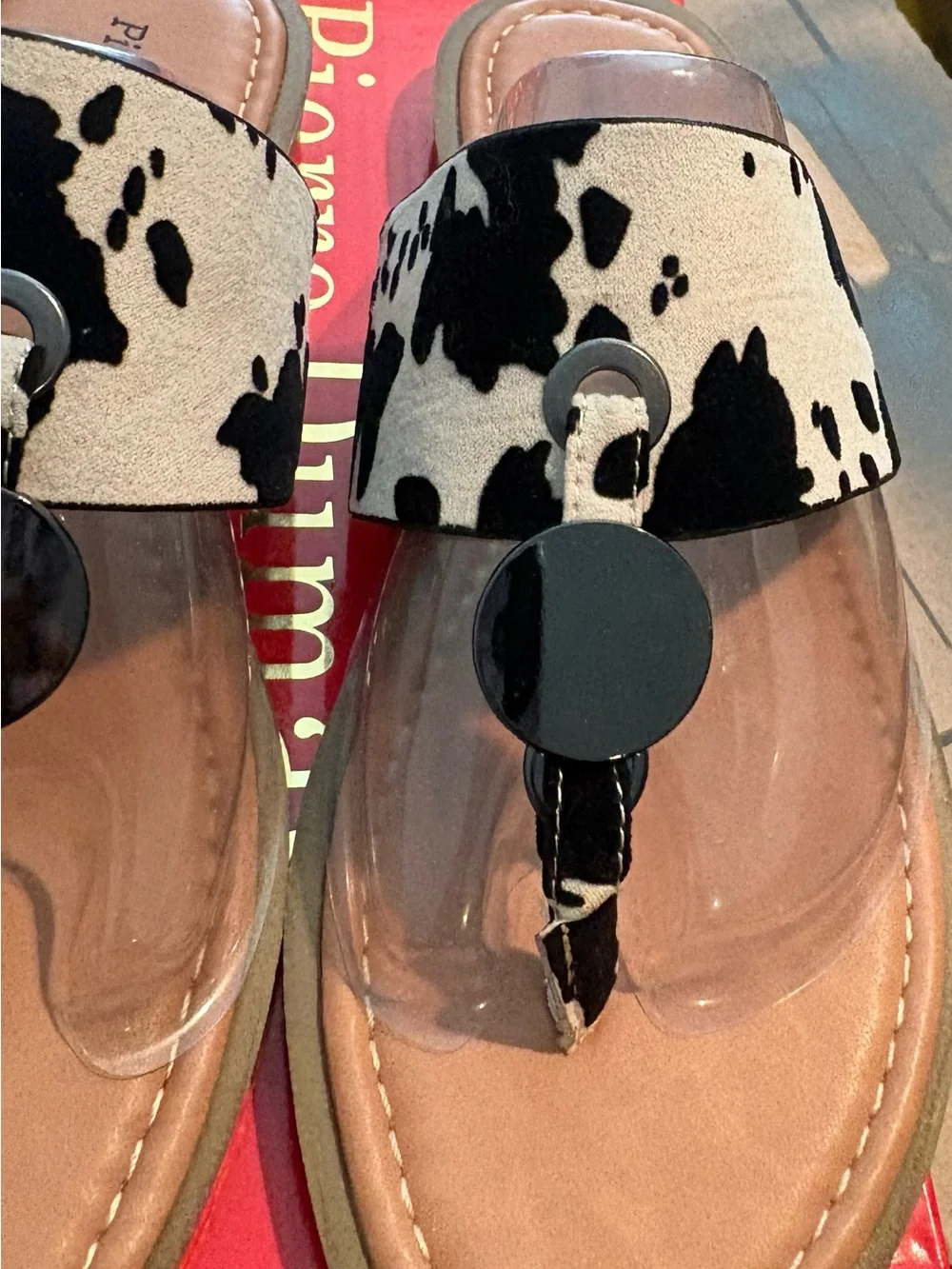 Pierre Dumas Black & White Cow Print Toe-Post Sandals